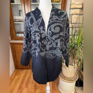 CHICOS SIZE 2 SIZE LARGE OPEN FRONT CARDIGAN W/ SPARKLY ABSTRACT PAISLEY DESIGN